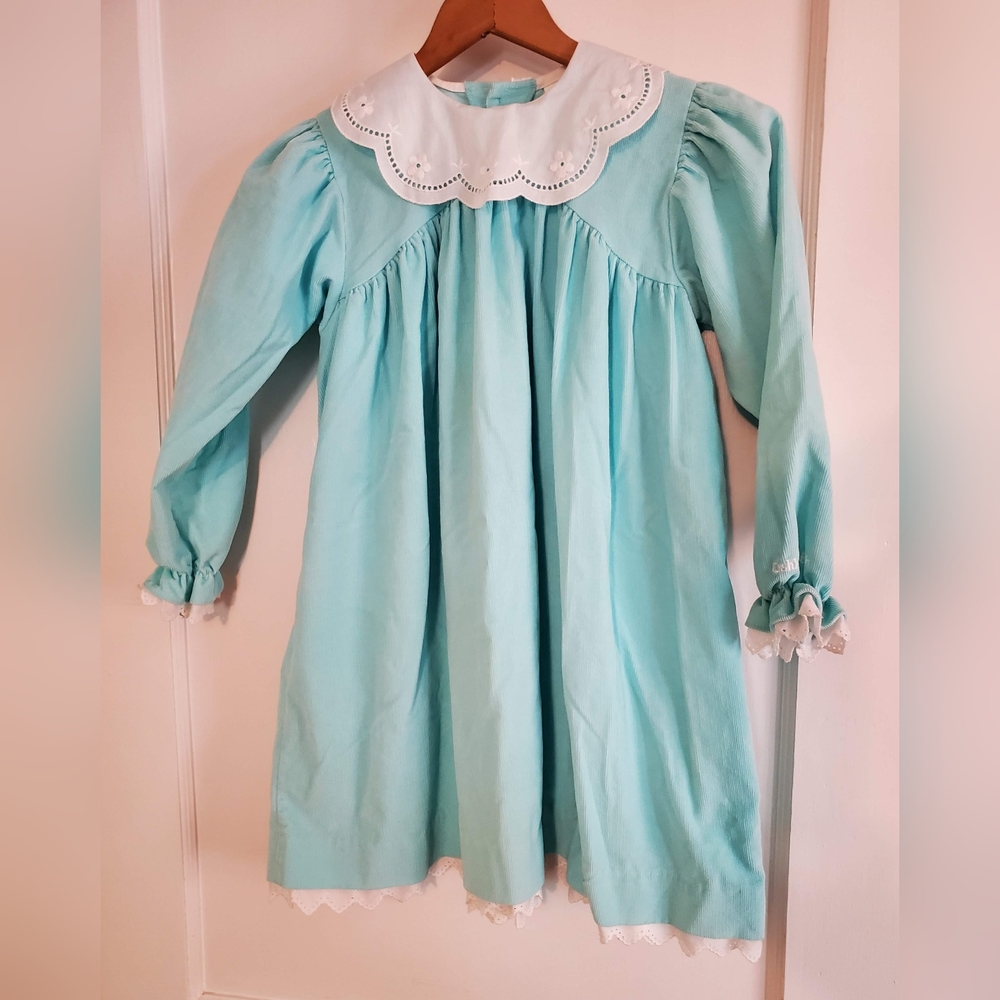 OshKosh Vintage Teal Corduroy Button Up Dress with Lace Accents 6T